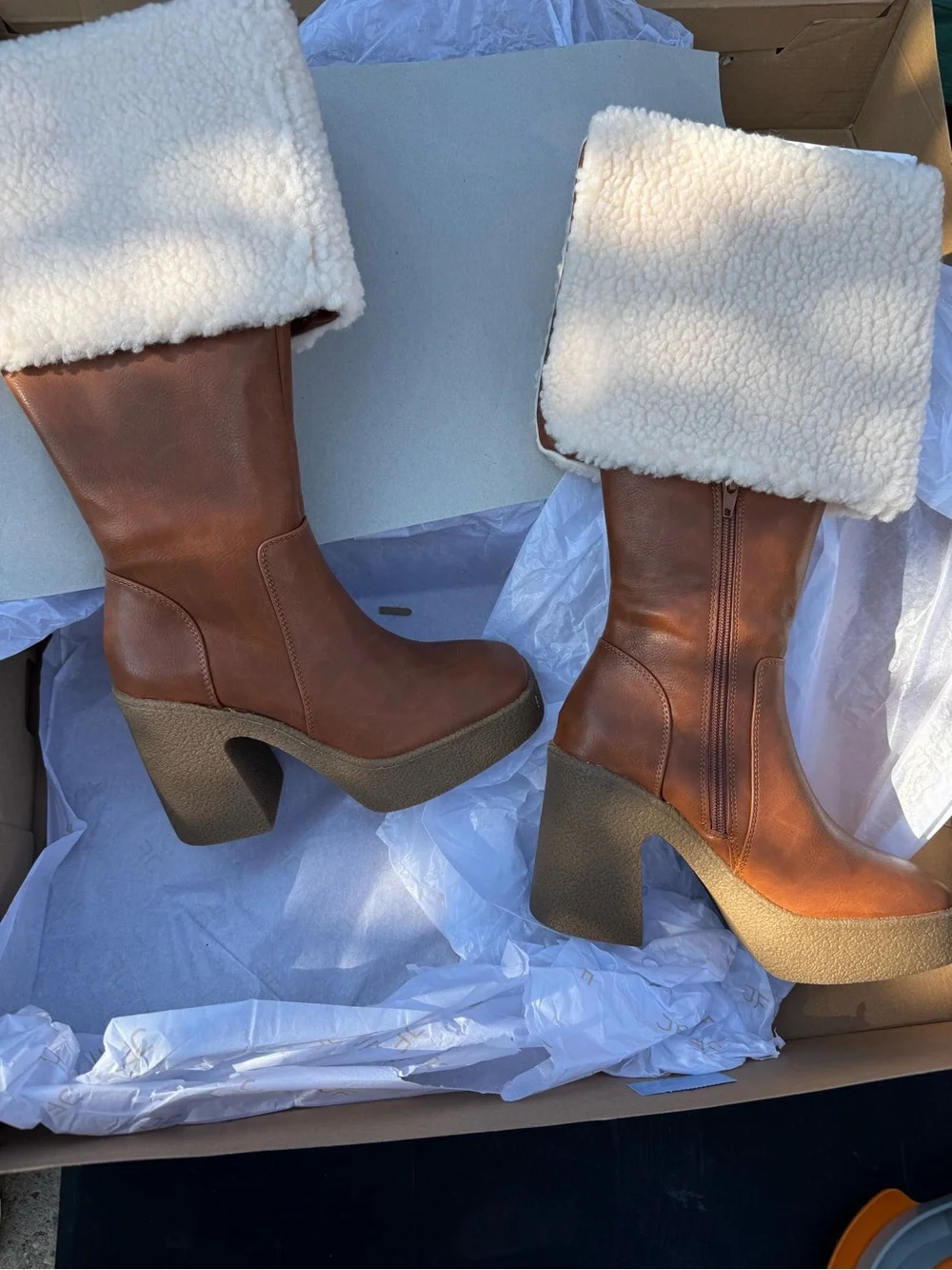 JustFab Cognac Over-the-Knee Faux-Shearling Platform Boots